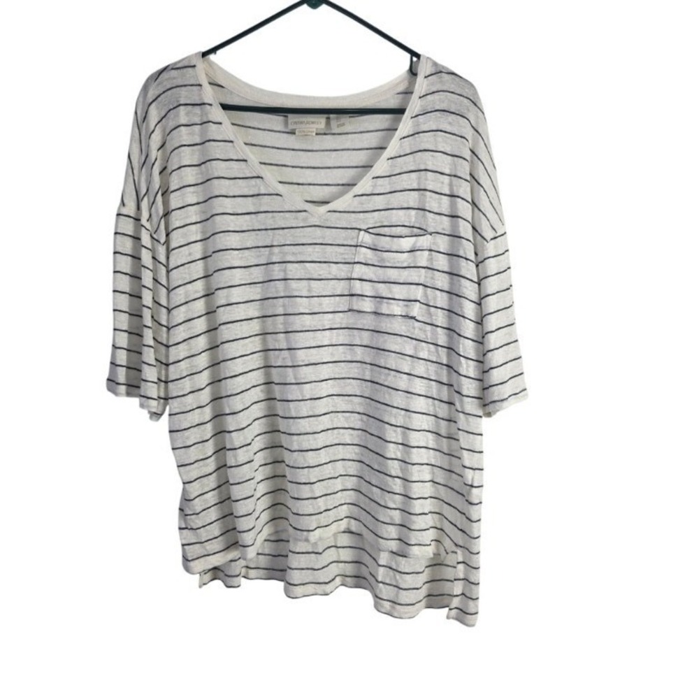 Cynthia Rowley 100% Linen Short Sleeve Top L Womens Blue Striped‎ Beacy Coastal